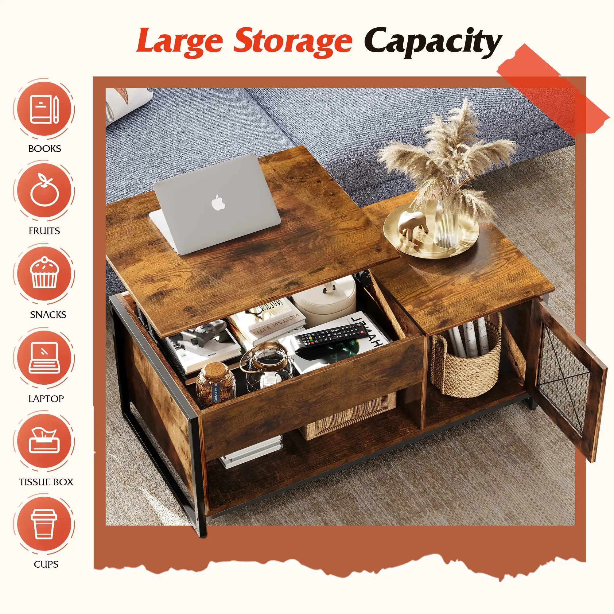 Rustic Brown Table with Storage,Hidden Compartment and Open Shelf with Metal Mesh Door Cabinet Lift Top Coffee Table