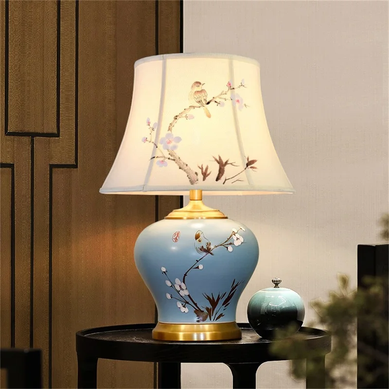 Good Price Ceramic Table Lamps Blue Luxury Bird Brass Fabric Desk Light Home Decorative for Living Room Dining Room Bedroom