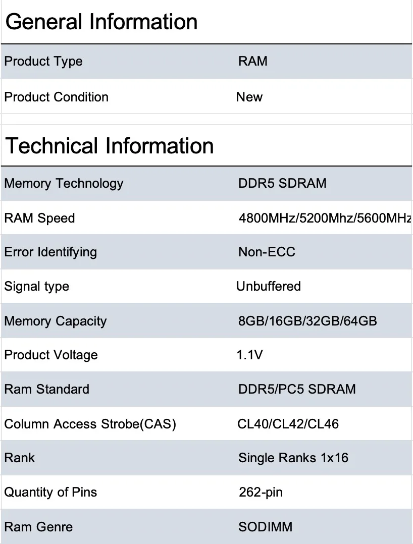 Hot Sale DDR5 8GB 4800MHz/5600MHz ECC Laptop RAM PC5-38400 SODIMM Stock