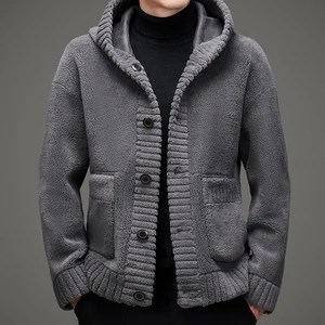 New Fashion Sheep Wool Blend Outwear Solid Color Single Breasted Teddy Fleece Jacket With Hood