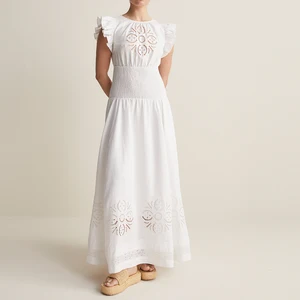 Women's Casual Cotton Linen Embroidered Suspender Skirts Sexy Maxi Dress with Ruffles Embroidery Cut-Out Dresses