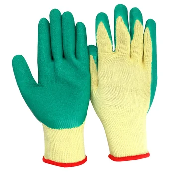 GR4004 21s 5 yarns yellow cotton polyester knitted liner green latex coated corrugated finish construction safety working gloves