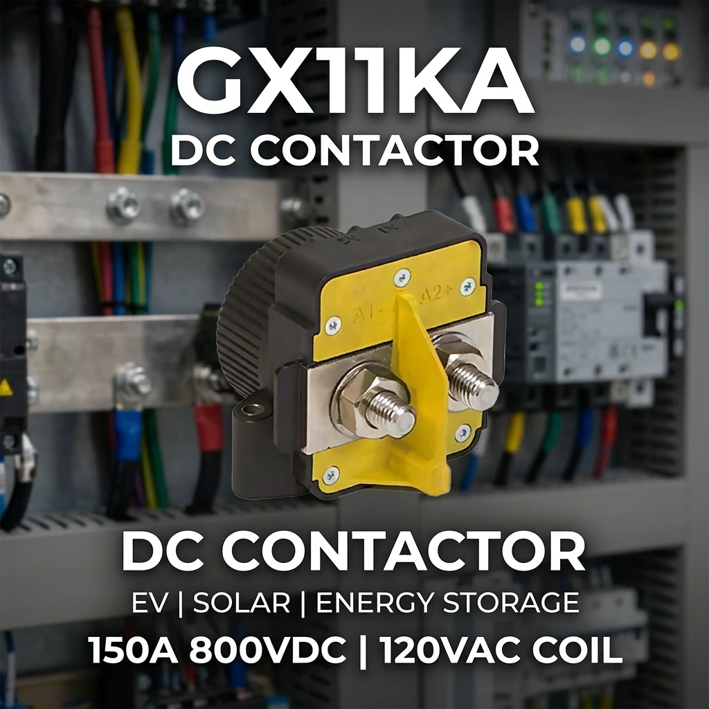 สวิตช์ตัดโหลดแรงดันสูง GX11KA สำหรับ Sensata-Gigavac กระแส 150 A ขดลวด 120 VAC แรงดันไฟฟ้าสูงสุด 800 VDC การแยกฉนวนที่เหนือกว่าสำหรับพลังงานแสงอาทิตย์