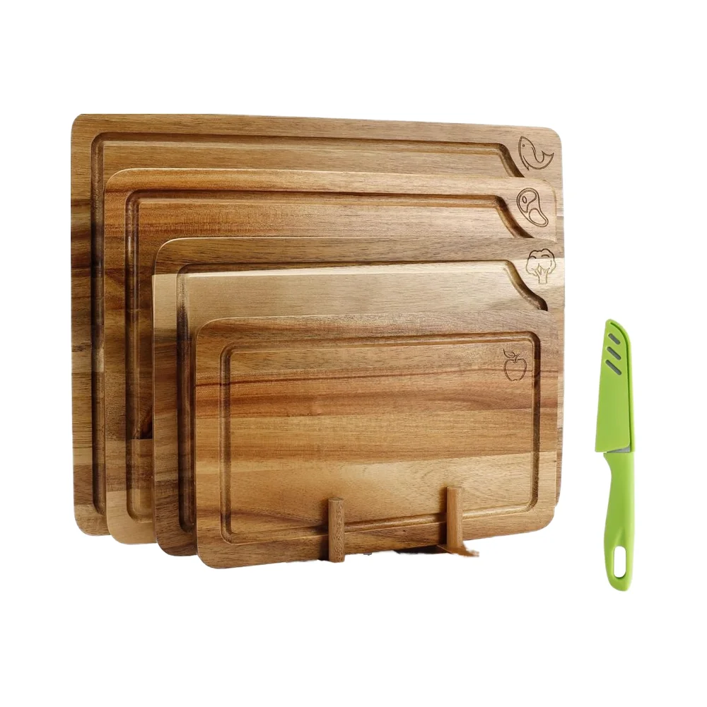 Wood Cutting Board Set 4 1.5cm Thick Square Wooden Chopping Boards Dishwasher Safe Food Icons Kitchen Charcuterie Board for Meat