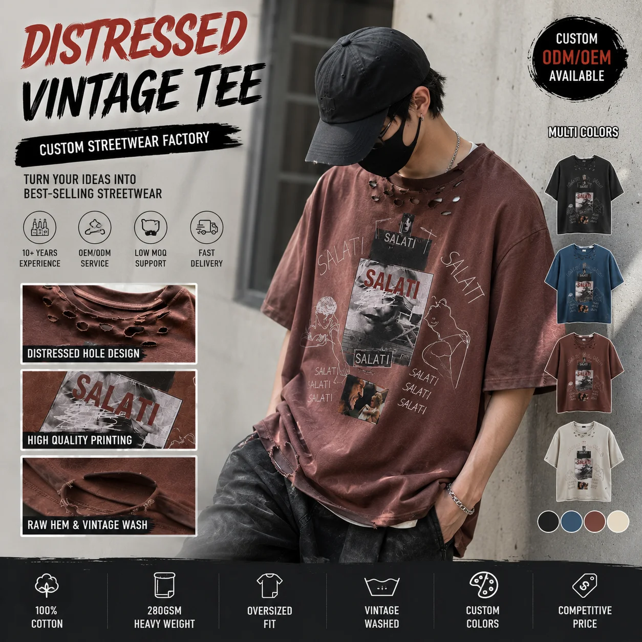Custom Logo Streetwear Double Layer Long Sleeve T Shirt Waffle Acid Wash Distressed Cotton T Shirt for Men gallery 2