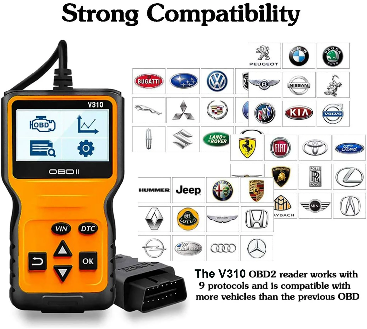 V310 16-Pin OBD2 Auto Scanner Better than ELM327 V1.5 Obdii/Eobd V310 V1.1 Code Reader Scan Tool Effective Auto Diagnostic Tool