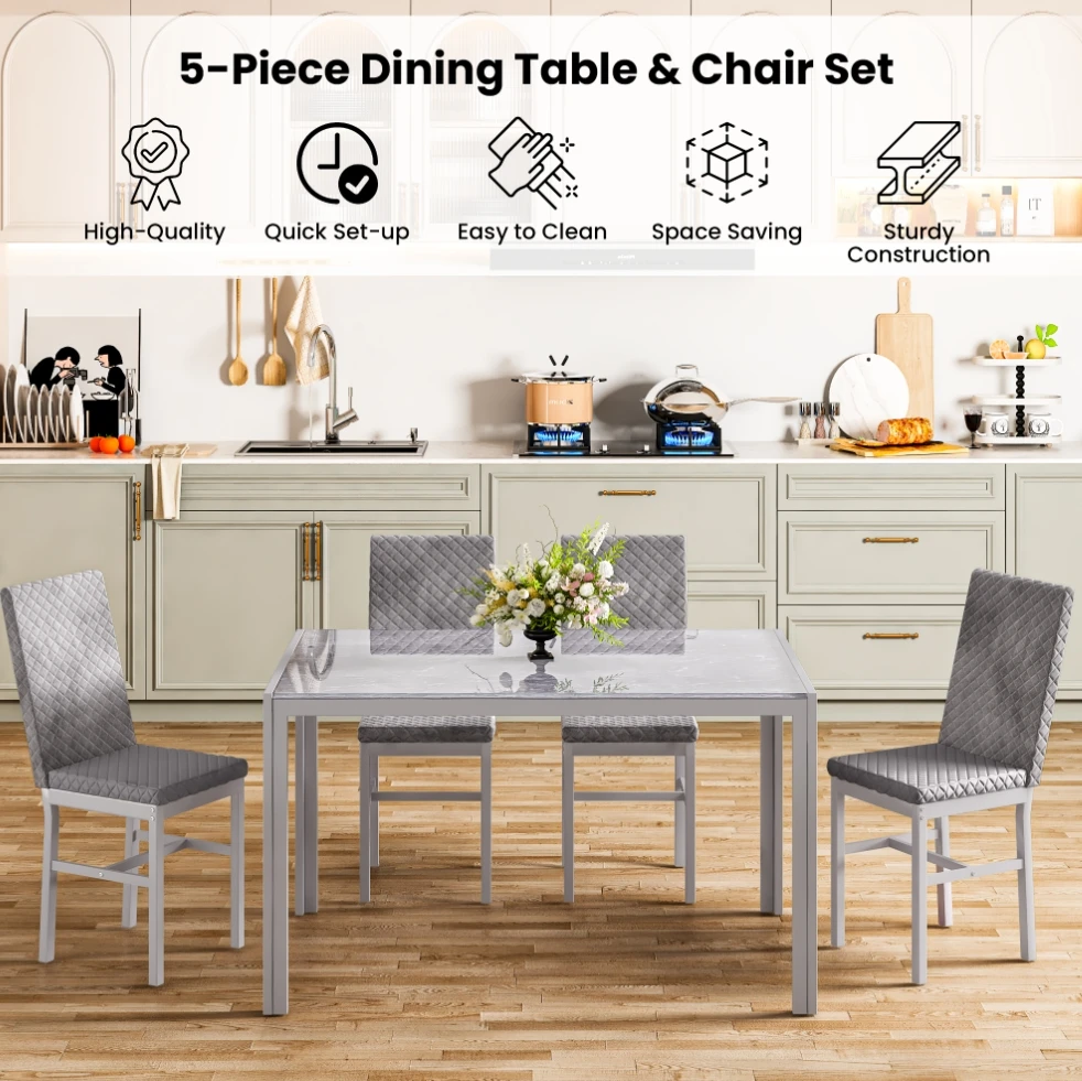 Glass Table Top Space Saving Pcs Dining Table and Chairs Set Backrest  Luxury Metal Frame Glass Dining Table Set Chairs