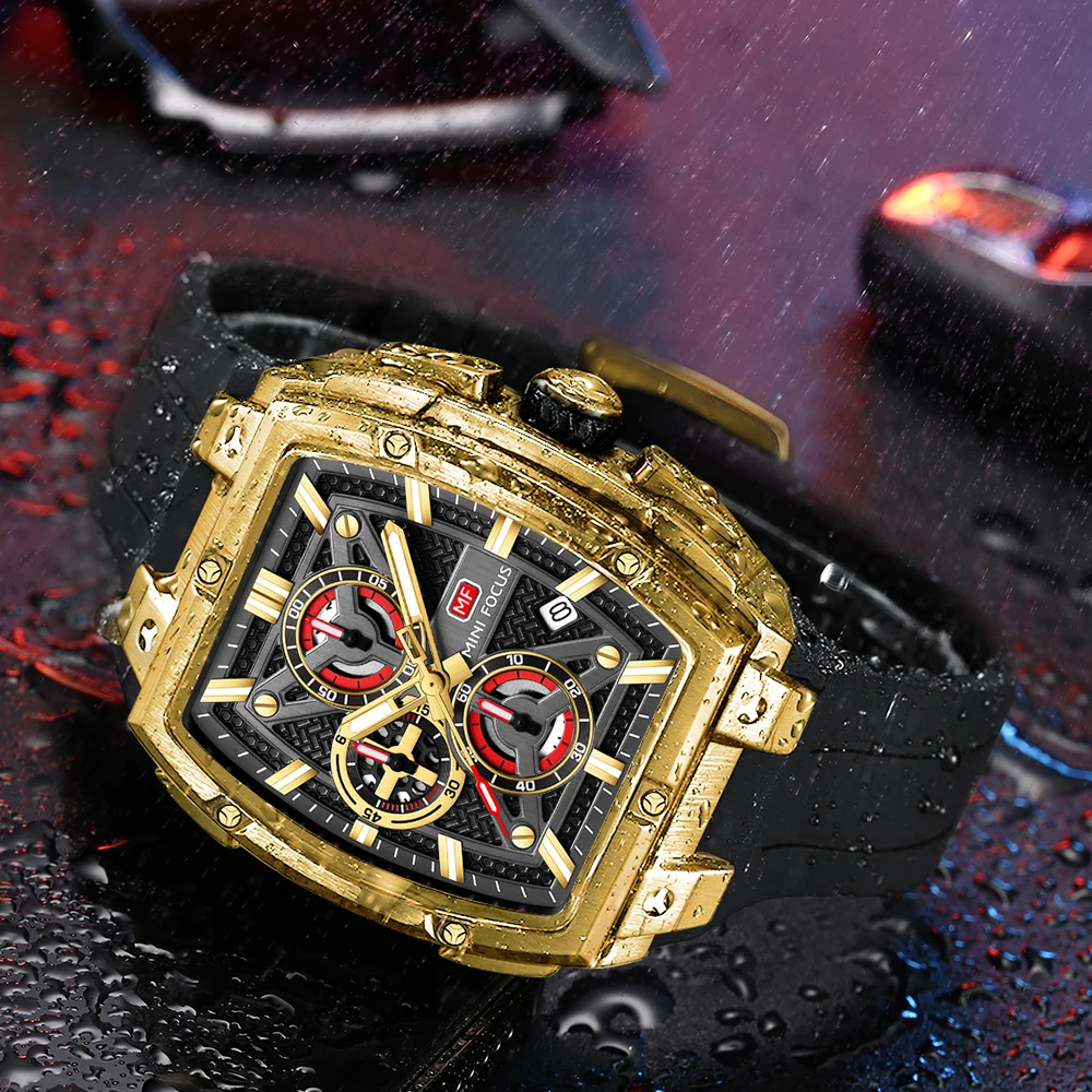MINI FOCUS Chronograph Quartz Man New Model Watch for Men Sport Wristwatch with Black Rose Gold Silicone Strap MF0602G