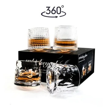 Stock on hand old fashion creative swivel tumbler spinning glass cup set shot tasting rotating whiskey glass for gifts
