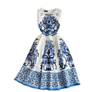 Senior Fashion Print Dress Round Neck Waist Sleeveless Blue for Europe United States Summer Casual Woven Dress for Spring Autumn