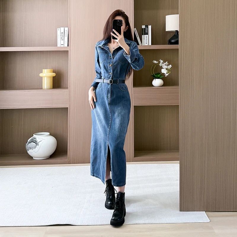 Casual Women's Denim Jeans Dress Garment Sashes Slit Button Natural  Waistline Full Sleeve Midi Length Garment Dyed Straight