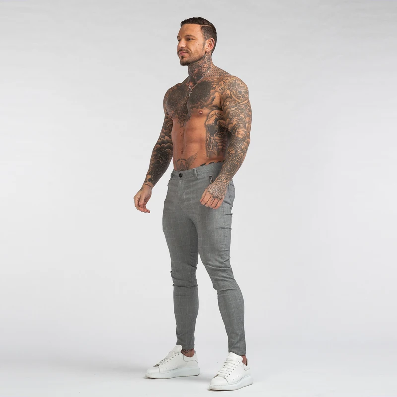 Mens Grey Check Trousers Plaid Bottoms Skinny Track Pants Chinos Skinny Fit  Casual Chino Pants Men