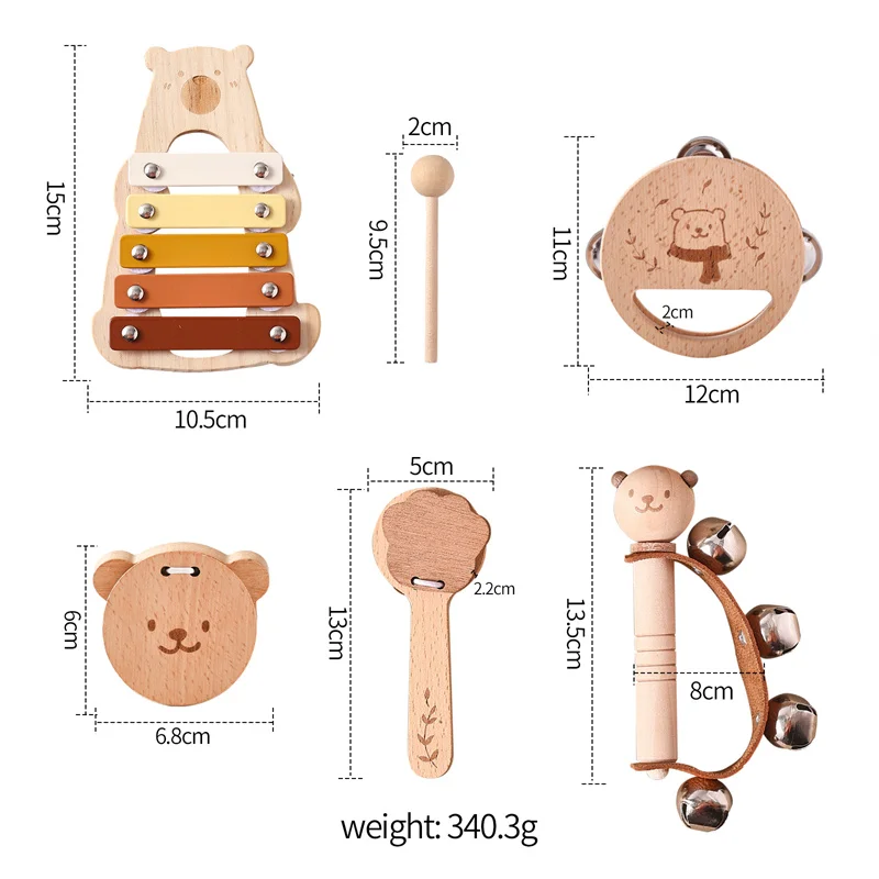 Set of 5 Bear Music Instruments Wood Percussion Piano Combination Educational Toy for Children