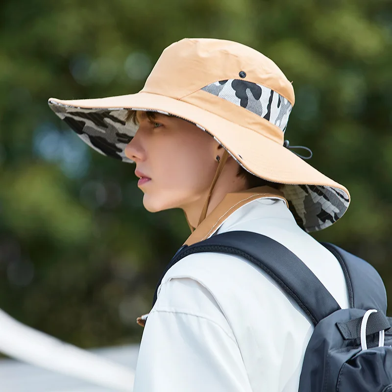 Custom Logo Sun Uv Protection Boonie Bucket Fishing Hat Outdoor Big Brim Camo Climbing Hiking Hat