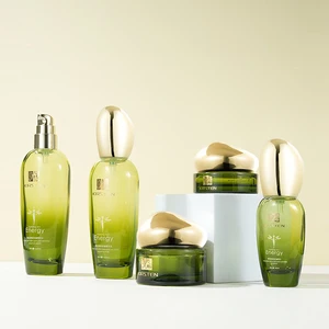 Skin Care Product Glass Bottle Set Oval Special-shaped Egg Shaped Lid Translucent Green Gradient Paint 50g Jar 40ml Pump Bottle