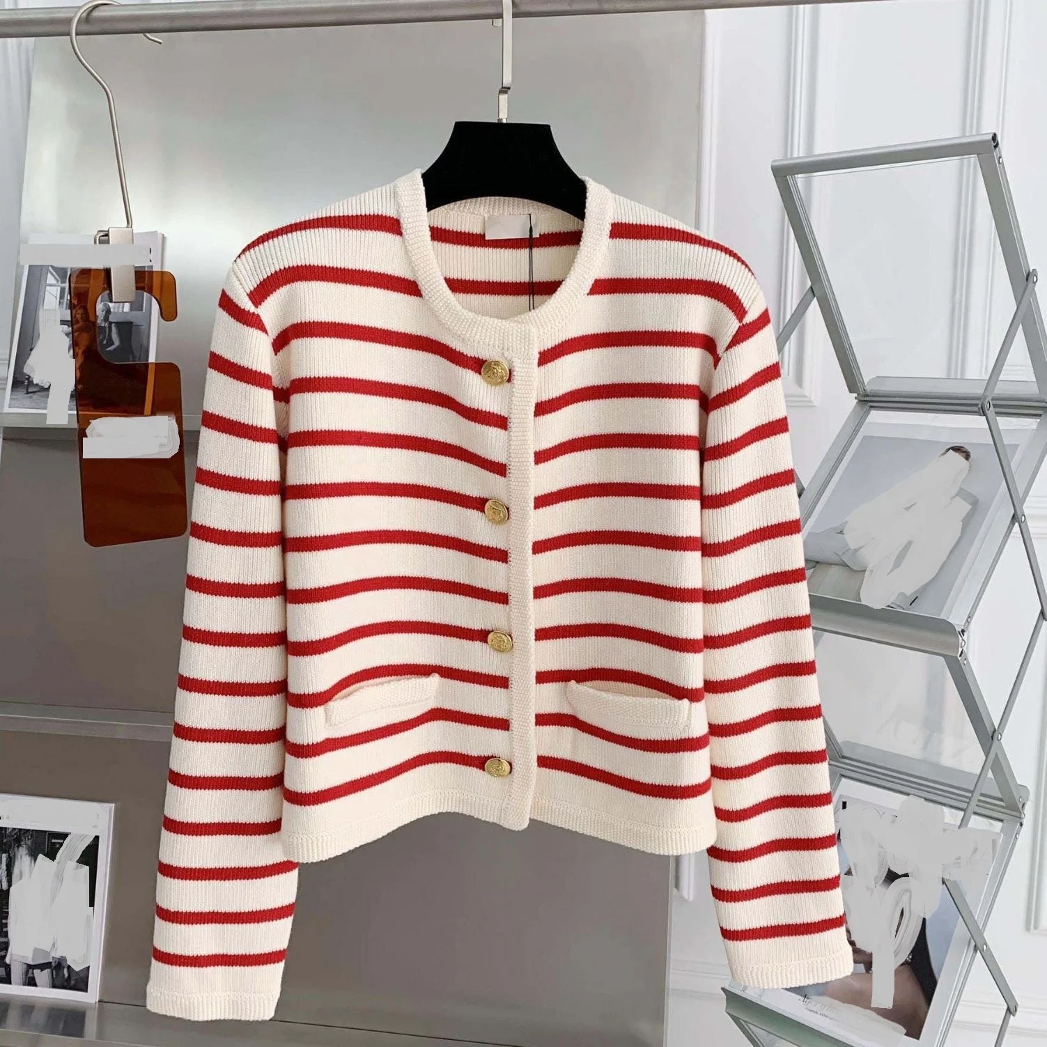 Round Neck Color Clashing Striped Knitted Cardigan Women Spring Autumn French Loose Short Sweater Jacket