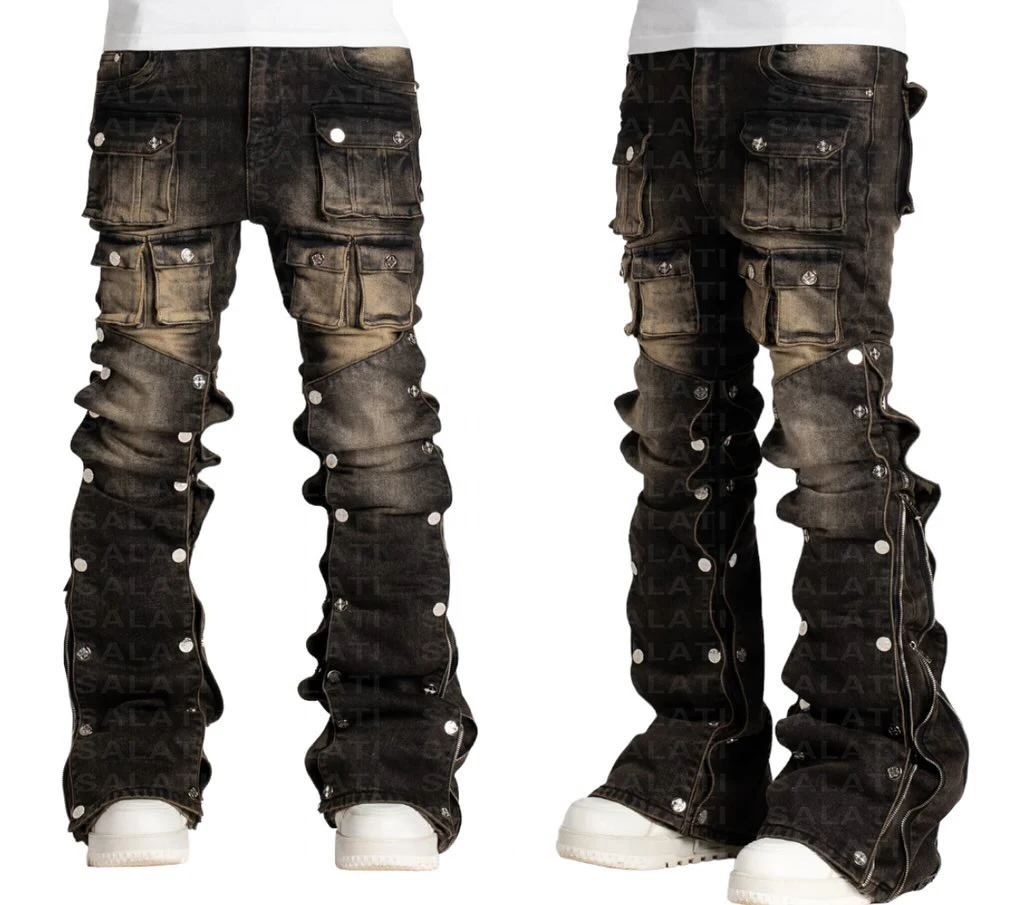 Salati Custom New Sun Faded Stone Acid Wash Boot Cut Carpenter Skinny Distressed Man Cargo Denim Pant Trousers Stacked Men Jeans