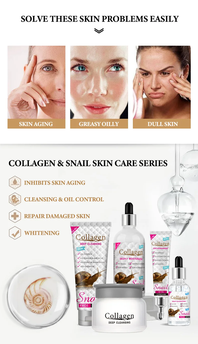 Hot Selling Skin Beauty Collagen Snail Cleansing Moisturizes Facial Skin Care 5 Pieces Set