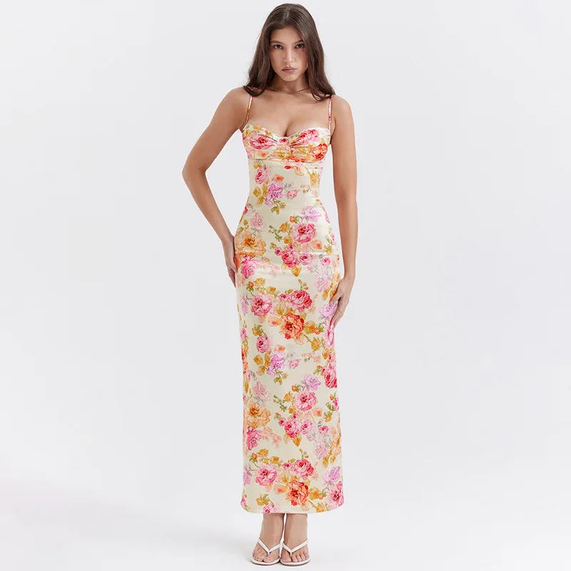 Elegant Flower Print Suspender Dress Women Fashion Off Shoulder Backless  Midi Dresses Chic Female Party Club Vestidos 2583