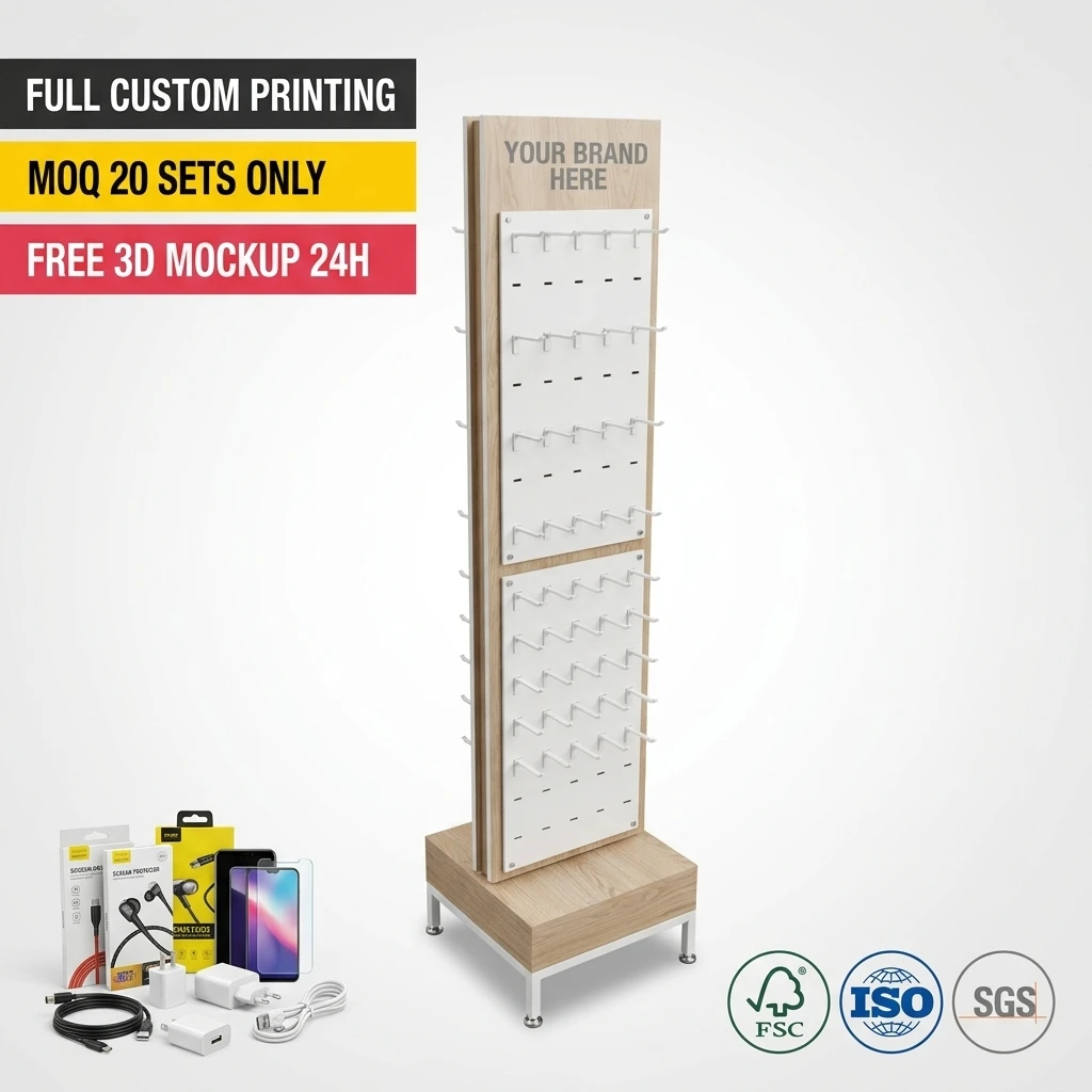 Wholesale Wood Rotating Phone Accessory Display Stand Floor 360 Spinning Pegboard Rack Mobile Cable Charger Earphone Tower Hooks