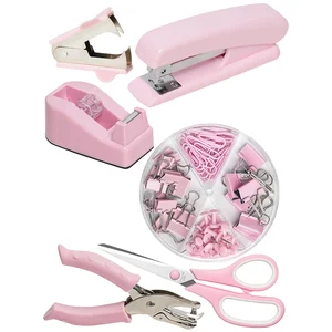 Direct Supply Mint Pink Student Office Set Cross-Border Stapler Scissors Paper Clip Combination for Children's Desktop Use