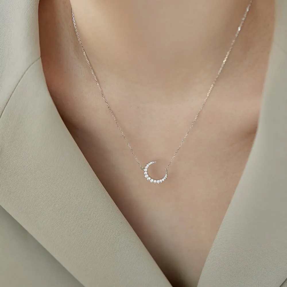 KAKODIY 925 Sterling Silver Cubic Zirconia Handmade Necklace White 18K Gold Plated Rhinestone Moon Necklace for Women detail 1