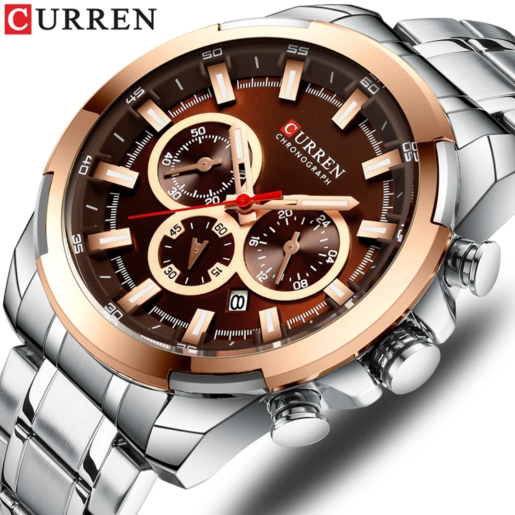 CURREN Orologio Uomo Multifuso Orario E Data – Quadrante 48mm, Acciaio Color Oro, Movimento Giapponese