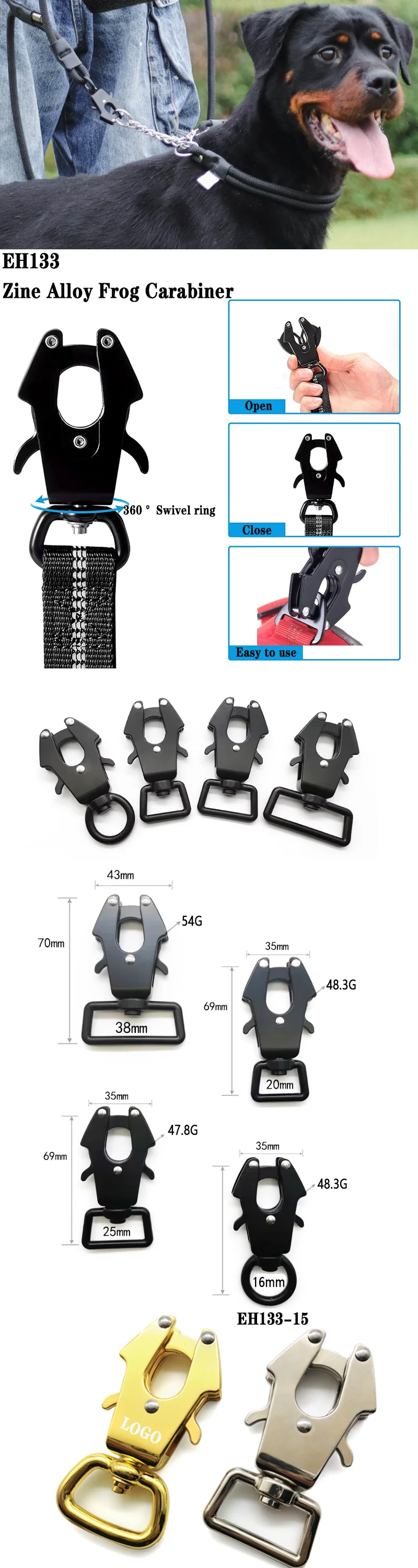 Fermaglio A Rana Per Animali - Moschettone Girevole In Alluminio, Sgancio Rapido, Portata 299.4 Kg - Foto 7