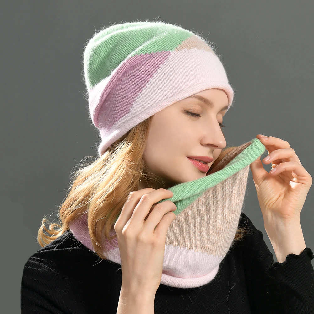 Высокое качество оптовая продажа облегающий шарф комплект из двух предметов роскошная однотонная женская теплая кашемировая шерстяная вязаная зимняя шапка облегающие шапки