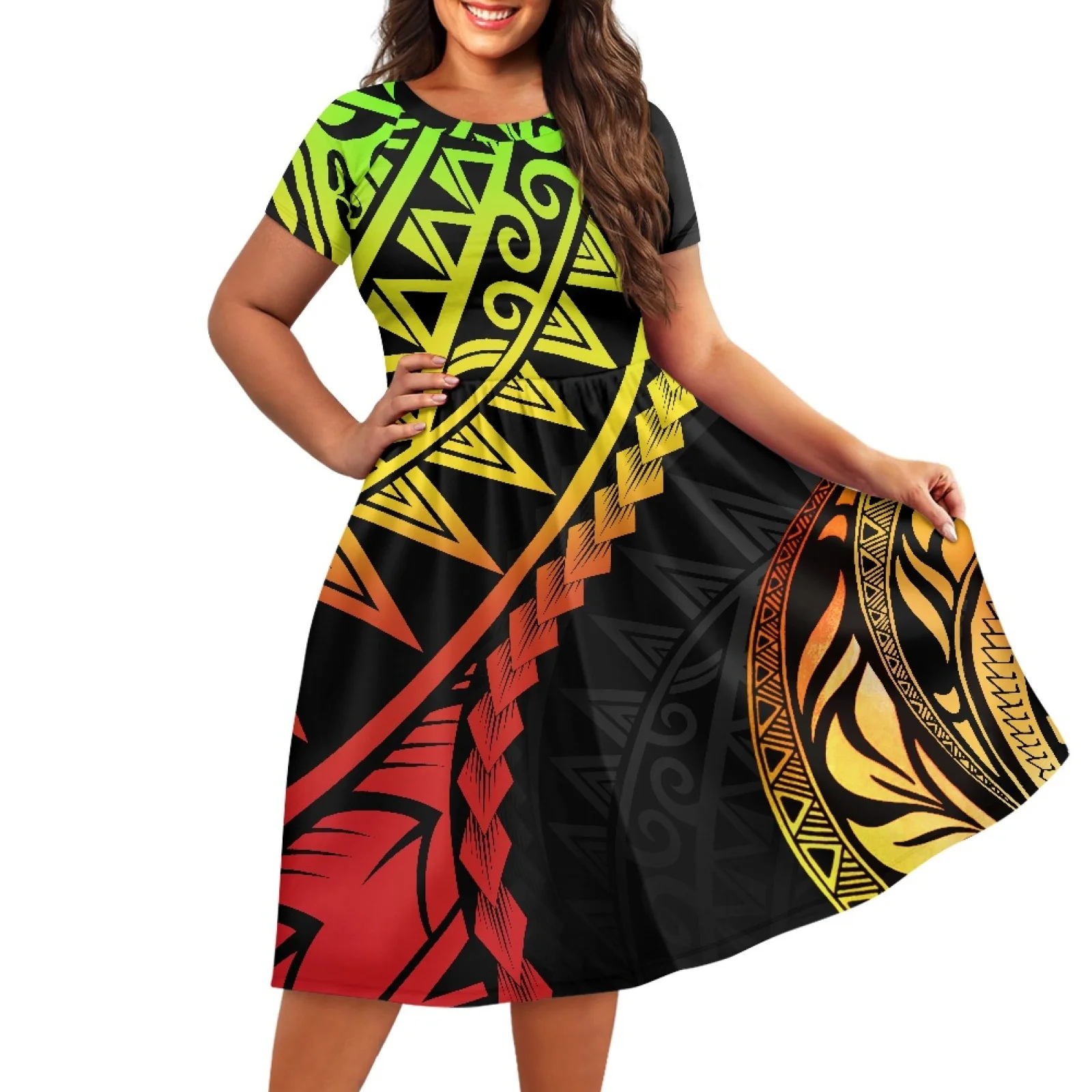 Luxury Polynesian Style Tribal Printed O Neck Party Dresses Women Elegant  Flare Knee Length Women's Casual Summer Clothing Dress