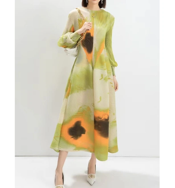 Sheen High Quality Ladies Fashion Print Pleated Plus Size Lady Casual  Dresses Miyake African Designs in Chiffon Women Long Dress