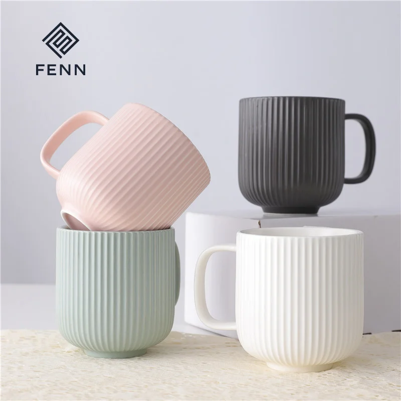 Home drinkware round striped matte pink porcelain teacups ceramic coffee mug set of 4 for gift or restaurant