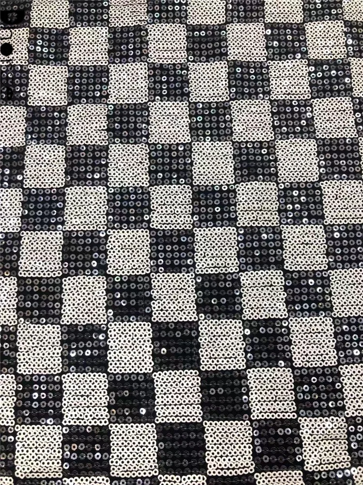 New Velvet Black and White Checkered Lace Fabric With Sequins Stretch Lace Fabric