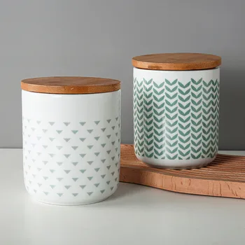 Wholesale multi-size nordic kitchen canisters wood lid ceramic food storage jar set with custom logo