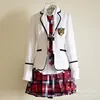 White top + shirt and tie + gray plaid skirt