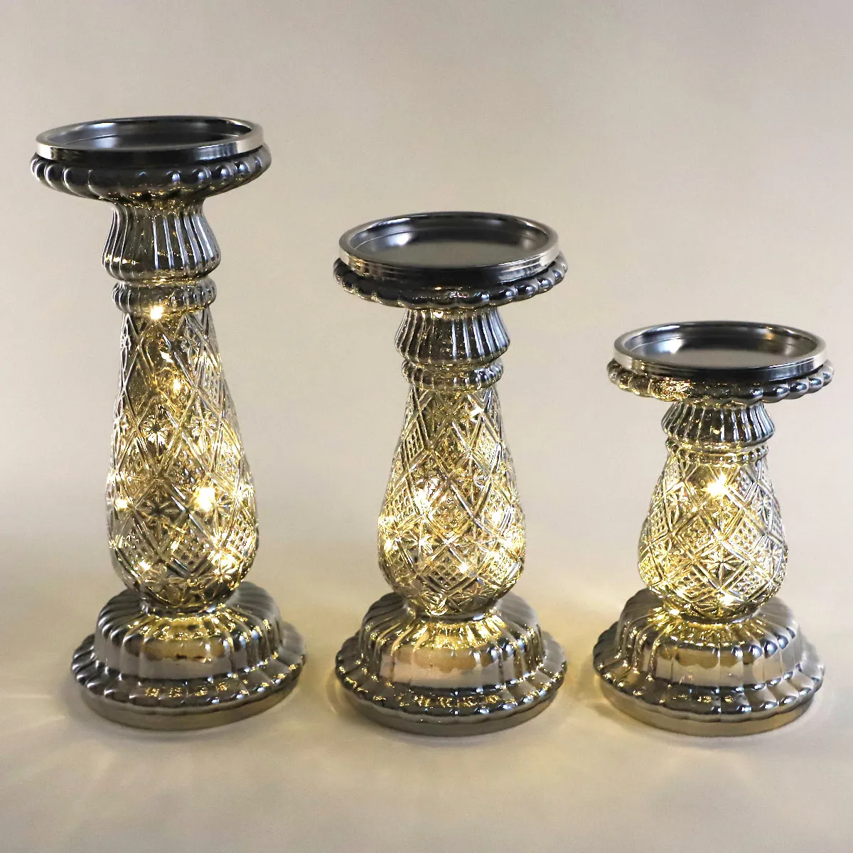 Set Of 3 Transparent Glass Candlestick Holder Elegant Design For Weeding Holiday Shiny Gifts Led Lights Up Home Living Room