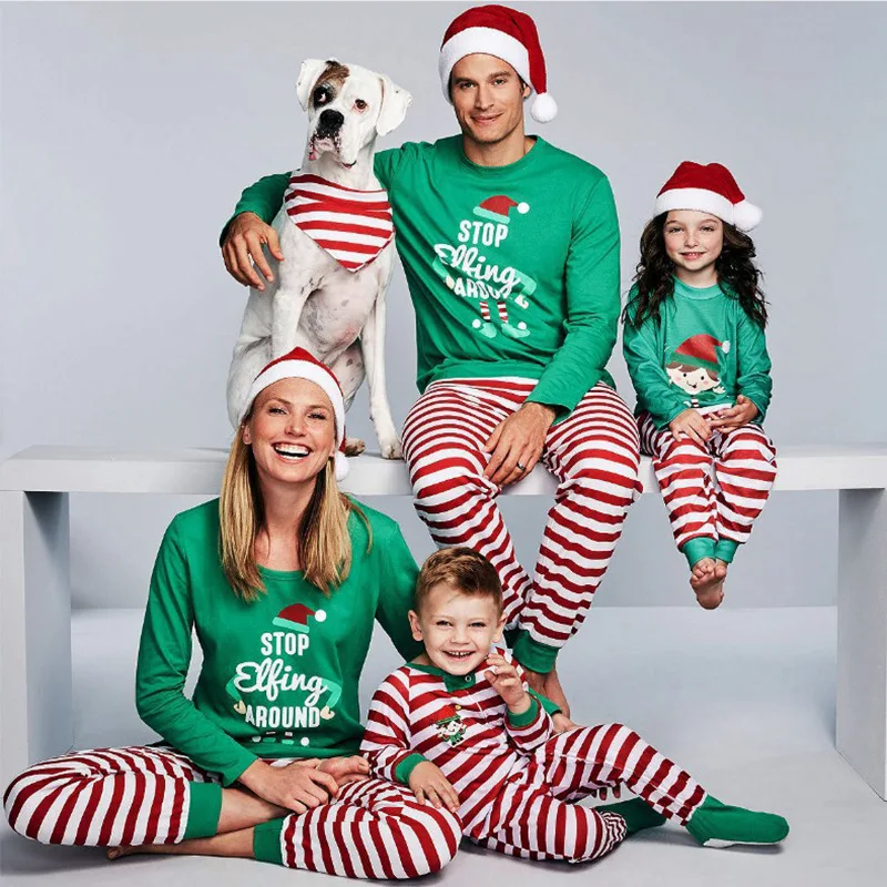 Winter Pyjamas Mommy and Me Matching Pajamas Sets Red and Green Stripes Christmas Pajamas Family With Dog Triangle Scarf