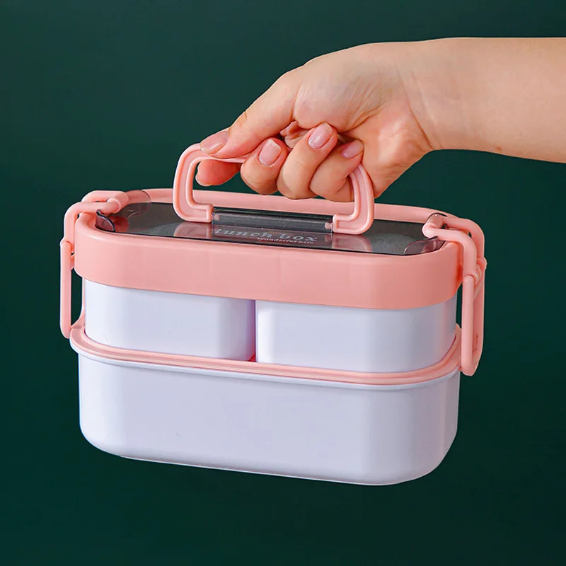 Custom Logo New Product Creative 2 Layers Plastic Lunch Box for School Camping Office Microwaveable Bento Box with Cutlery Set