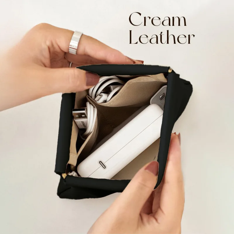 Premium PU Custom Snap Closure Makeup Bag Brown Minimalist Design Travel Cosmetic Pouch Automatic Closing Toiletry Bag for Women