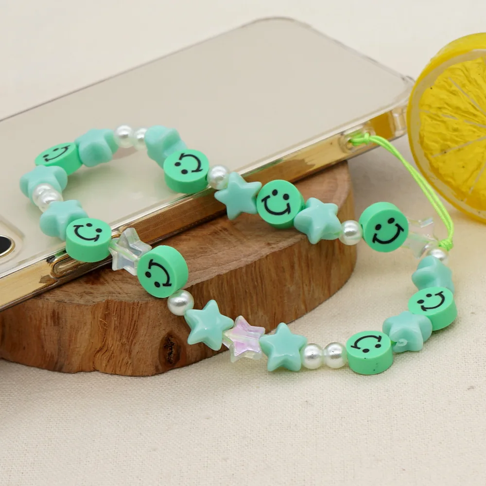 New Trendy Pink Blue Smile Face Beads Lanyard Custom Cute Diy Star Beaded Phone Strap Handmade Phone Chain