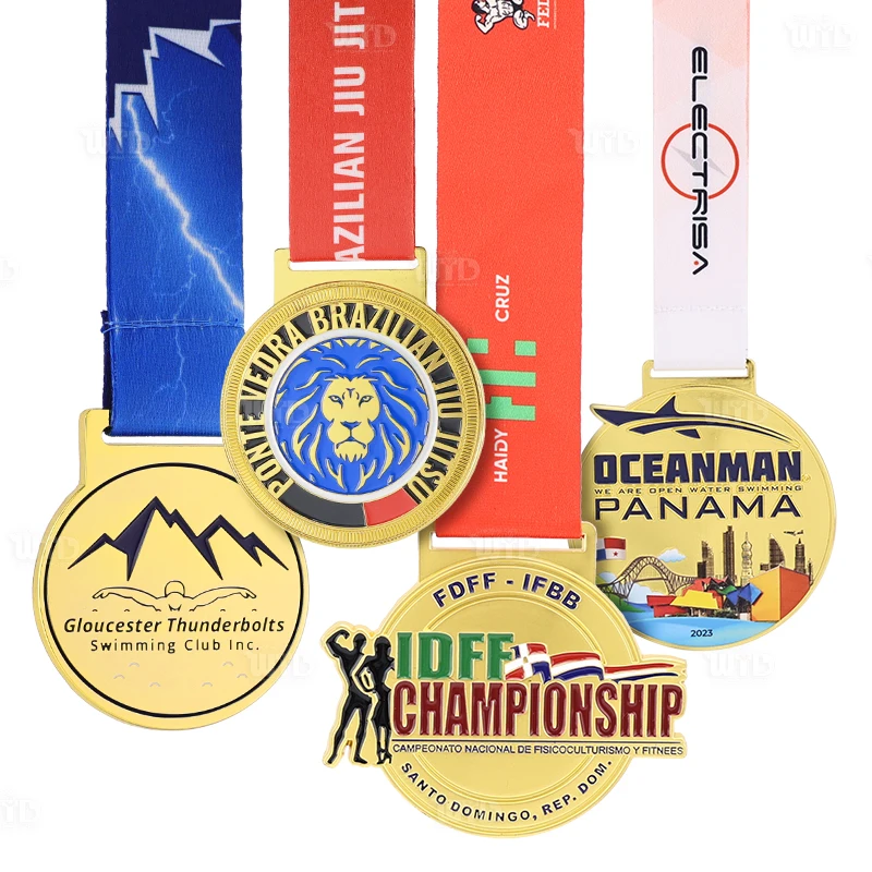 Medalha Metálica Personalizada para Provas Esportivas com Fitas, Natação, Jiu-Jitsu, Fitness, Corrida, Medalha de Conclusão, Medalha de Prêmio Dourada 3D