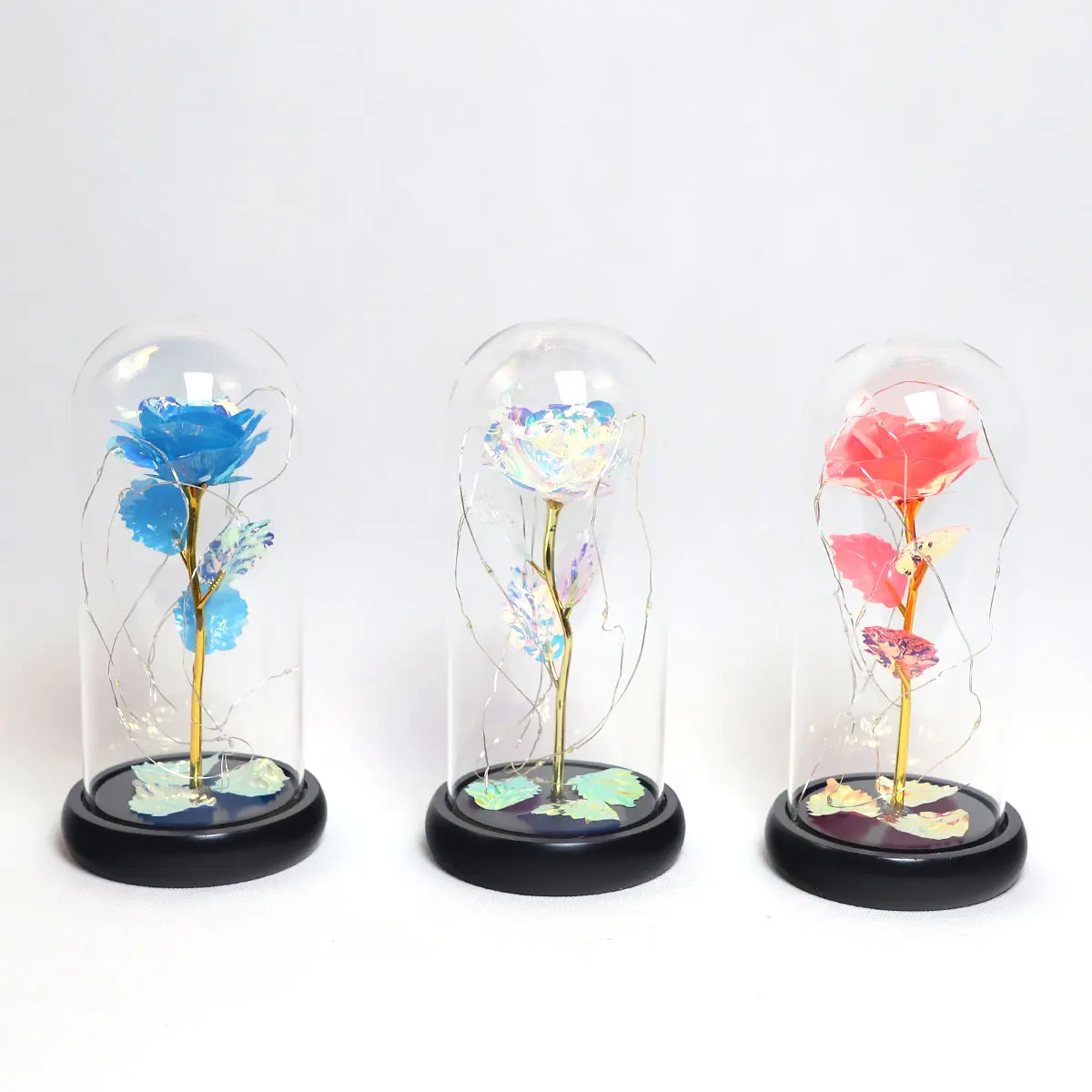 artificial flower led battery powered inflatable dome light glass cloche wood base birthday gifts for women