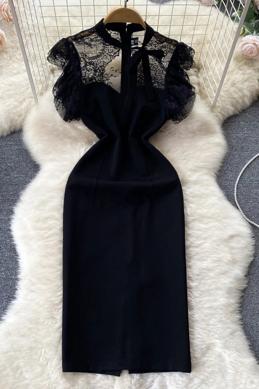 solid lace half sleeve maxi a line dress Women's Maxi Dress Semi Formal Dress A Line Dress Elegant Work Birthday Flutter Sleeve Wedding Guest Cocktail Party Formal Evening Regular Fit Solid Color Plain Half Sleeve V Neck Black Pink Red