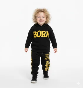 Manufacturer Applique Distressed Patch Embroidery Custom Logo Tracksuits Flared Sweatpants and Hoodie Kids Clothing Set