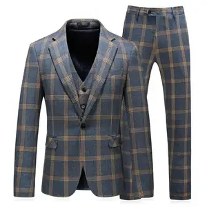 High Quality 3 Piece Sets Men Business Suits Elegant Plaid Smart Casual Single Breasted Slim Fit Notch Lapel Blazer Vest Pants