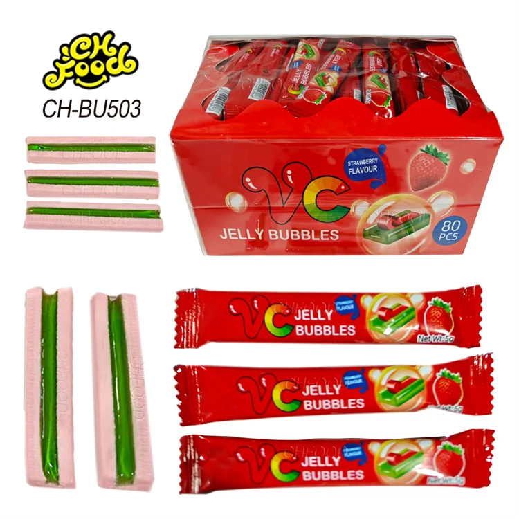 Low MOQ Wholesale Hot Selling VC Jelly Bubble Gum Strawberry Flavor Chewing Gum Halal Candy Sweets