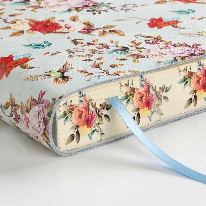 Beautiful Floral Design Foil Edge Floral Birds Printed PU Cover Leather Journal Notebook