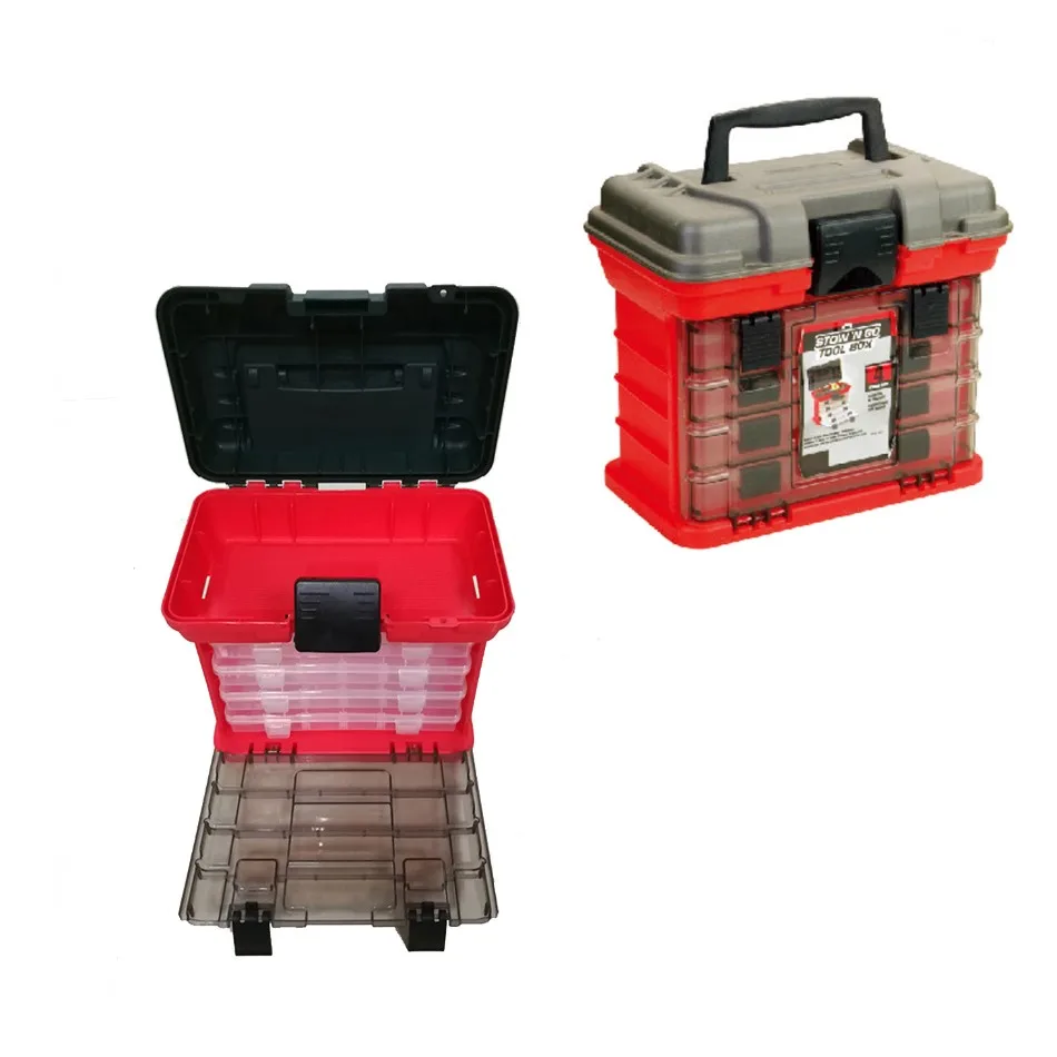 صندوق أدوات خارجي محمول بـ 4 طبقات مع مقبض، علبة تخزين بلاستيكية عملية للصيد ولأدوات العمل، إكسسوار منظم خارجي عملي