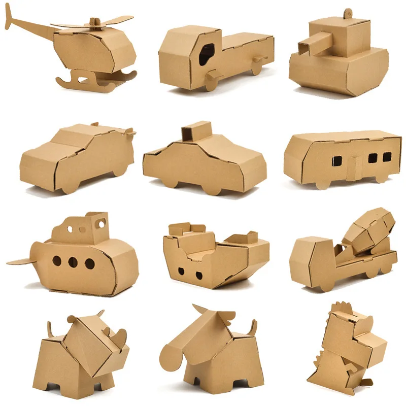 Children's Cardboard Toy 3D Paper Puzzle Vehicle Animal Shape DIY Painting Toy Foldable Cardboard Toy for Kids