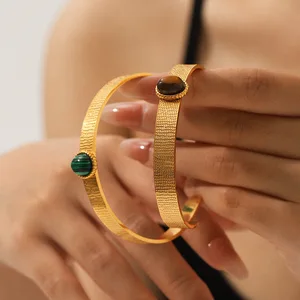 MW Adjustable C-Type Turquoise Stone Cuff Bangle Bracelet 18k Gold Plated Stainless Steel Gold CZ Eco-Friendly Trendy Ladies